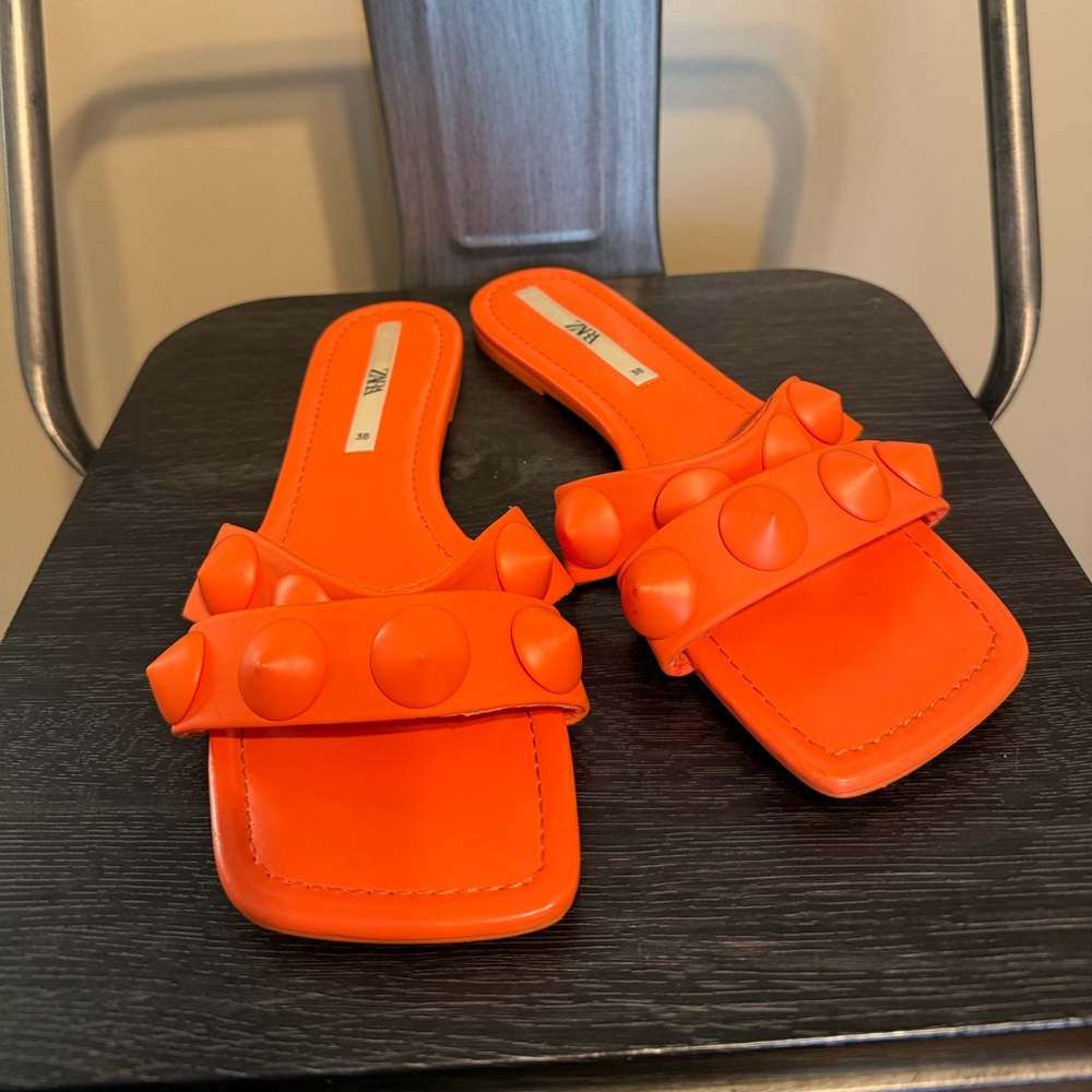 Zara Neon Orange Studded Square Toe Slide Sandals Statement Minimalist EU38 7.5